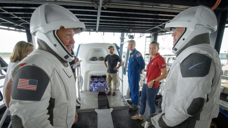 NASA astronauts Doug Hurley and Bob Behnken rehearse crew extraction from SpaceX’s Crew Dragon