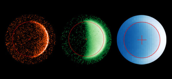NASA’s MAVEN spacecraft observes Mars with an ultraviolet instrument that allows it to detect carbon (left), oxygen (center) and hydrogen (right) escaping from the planet’s atmosphere. The outline of the planet itself is drawn with a red circle. The hydrogen gas in particular form extend up to thousands of kilometres above the planet’s surface.