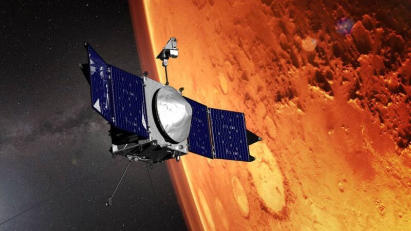 Artist’s concept of the NASA MAVEN spacecraft orbiting Mars.