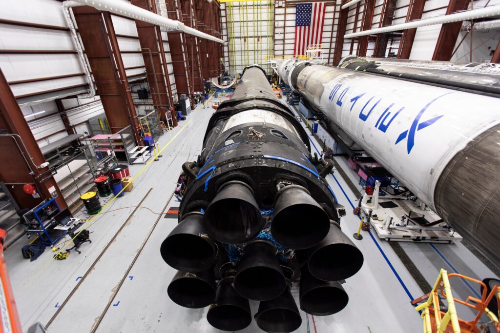 SpaceX's Falcon 9 rocket in a hangar at Cape Canaveral.